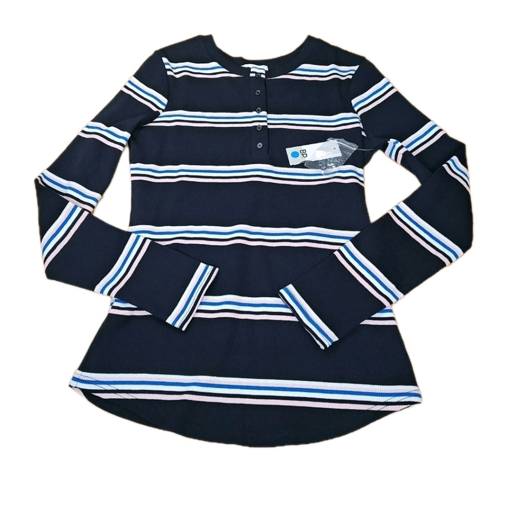 BP Heritage Henley Thermal Top Sm Black Striped Waffle Knit Academia Preppy Nwt